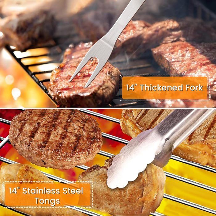 Accesorios de acero inoxidable para barbacoa - FEBEST - Espátula 4 en 1 - Tenedor - Pinzas para barbacoa - Brochetas
