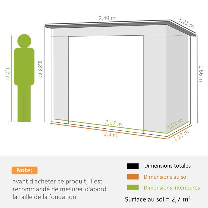 Caseta de jardín de 2,7 m² - Outsunny - 249 x 121 x 183 cm - guantes incluidos, puertas dobles con cerradura, ventilación, chapa de acero - gris