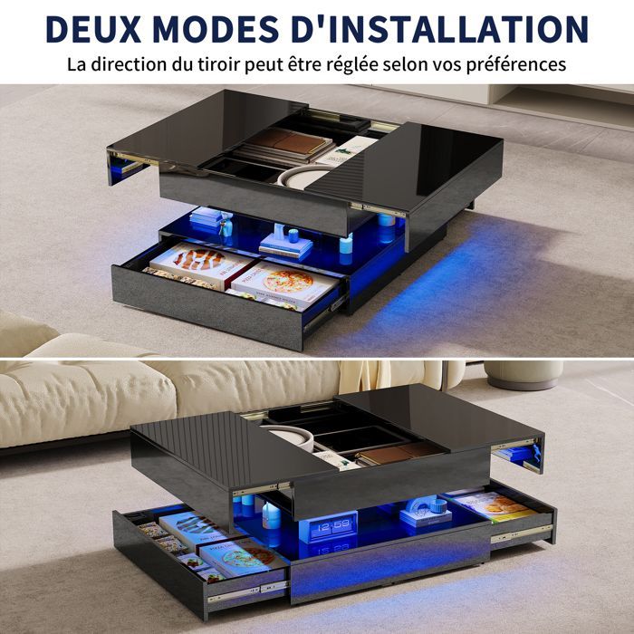 Tavolino da caffè con piano sollevabile, illuminazione a LED RGB, vano portaoggetti intelligente, finitura nero lucido, 78 cm.