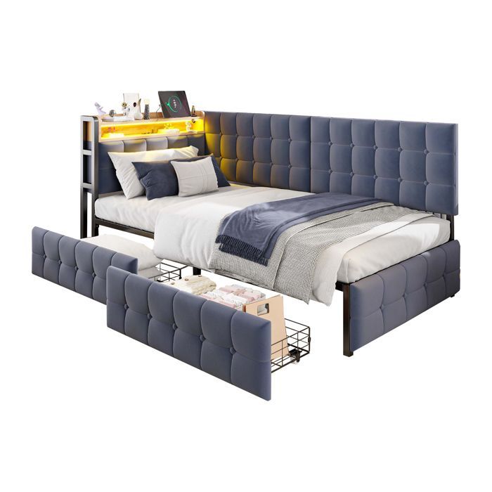 Lit banquette convertible rembourré gris avec LED intégrée, tiroirs et ports USB/Type-C