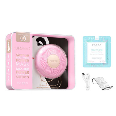 „Foreo UFO Mini 2“ šildoma LED kaukė su perlų rožinės spalvos aplikatoriumi ir LED lempute
