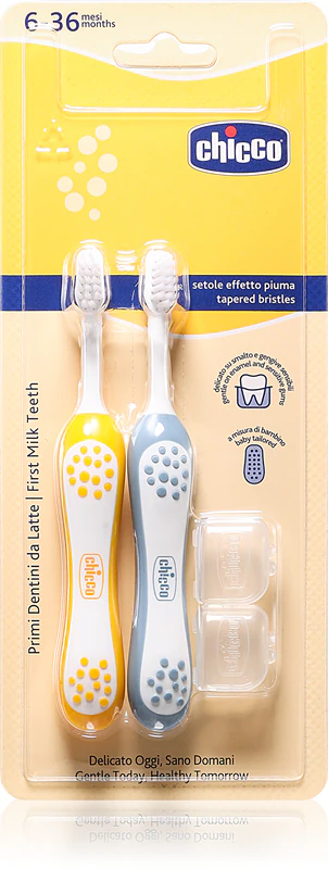 Conjunto de escova de dentes infantil Chicco 6-36 meses, cor índigo-mostarda.