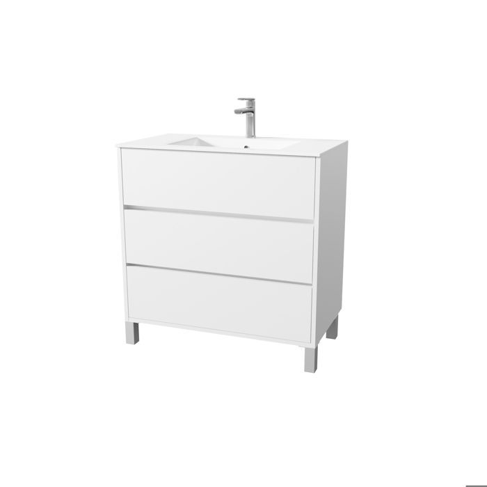 Mueble de baño XENOS de 80 cm, lacado en blanco, con 3 cajones y lavabo de cerámica.