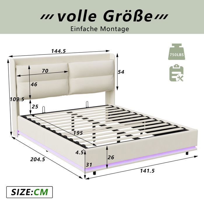 Lit coffre 140x190 - SUNFECILI - Velours beige - LED réglable - Chargement USB - Dossier amovible