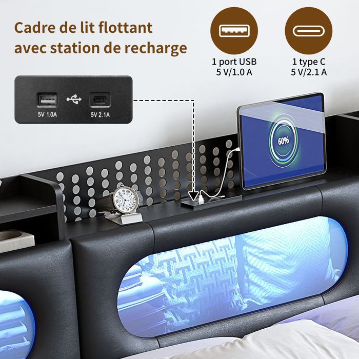 Lit coffre adulte 160x200 avec LED et USB, lit double capitonné avec rangement hydraulique, lit rembourré avec sommier, PU noir