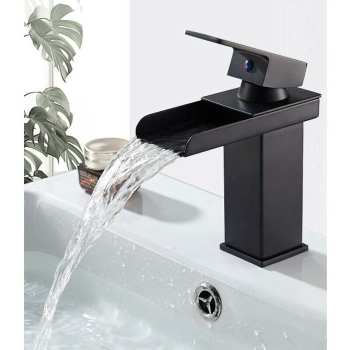 Rubinetto da bagno ODIPIE a cascata nero, miscelatore in ottone per lavabo da appoggio, acqua calda e fredda.