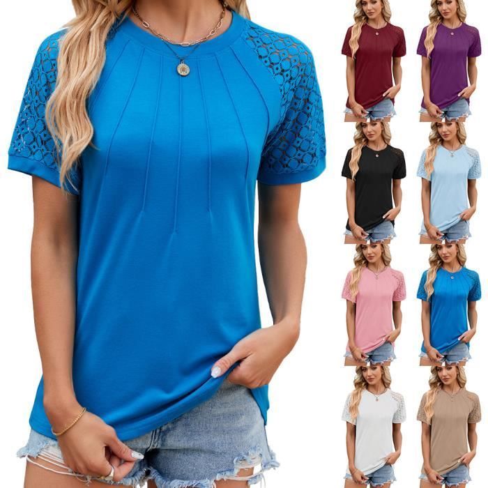 T-Shirt Femme Dentelle Manches Courtes Casual Tee Shirt Lache Ete Col Rond Couleur Unie Confortable - Taille EU - Kaki