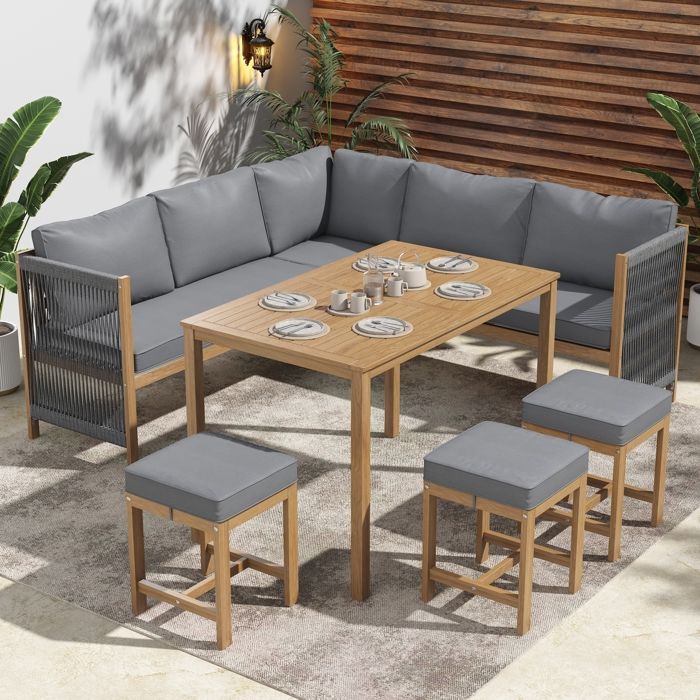 Salon de jardin pour 7-8 personnes - 2 canapés，3 tabourets et 1 table à manger - structure en Bois d'acacia - Gris