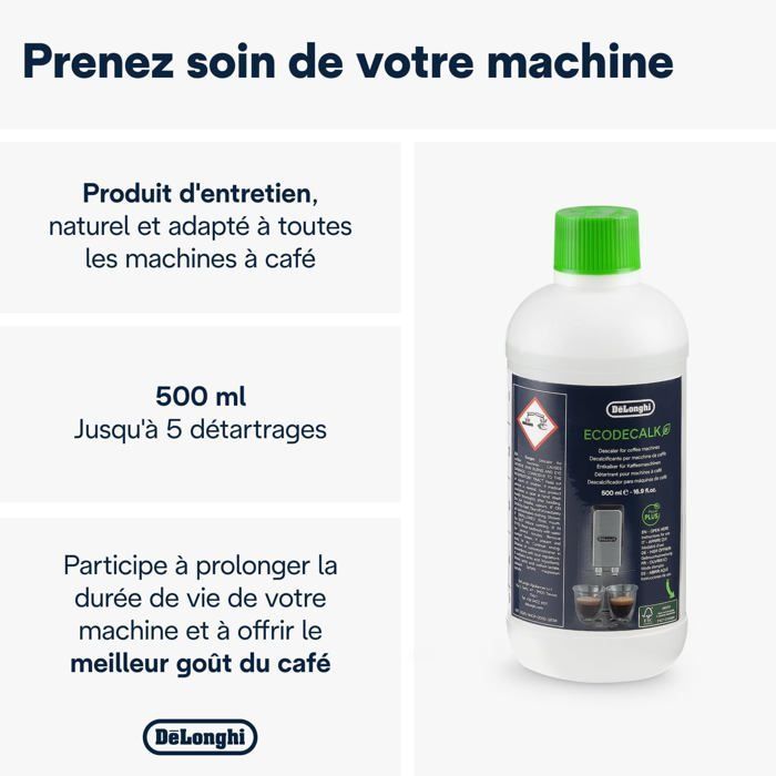 De'Longhi EcoDecalk Détartrant DLSC500, 5 Doses de Décalcification, Bouteille Avec 5 Doses, 500ml