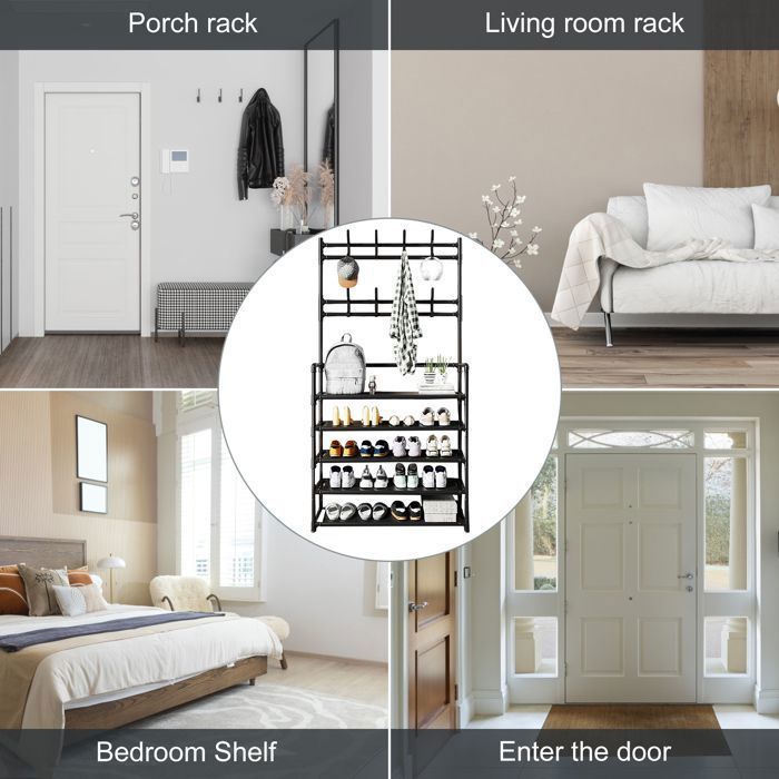 Coat Rack - FLASIDU - Black Model - 8 Hooks - 5 Shoe Shelves - 80x26x172cm