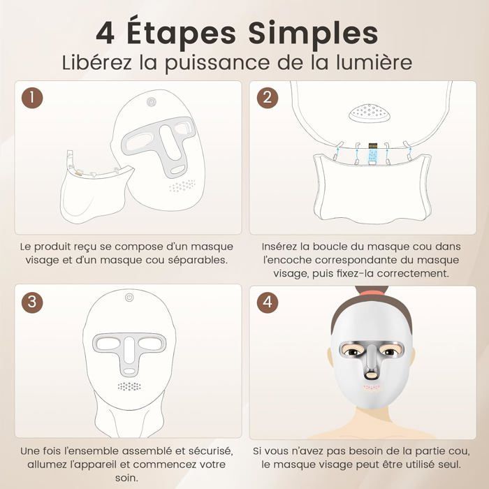 Masque LED Visage Luminothérapie à Lumière Rouge - Rechargeable USB-C en Argent - Pour Soins Peau à Domicile et Voyage