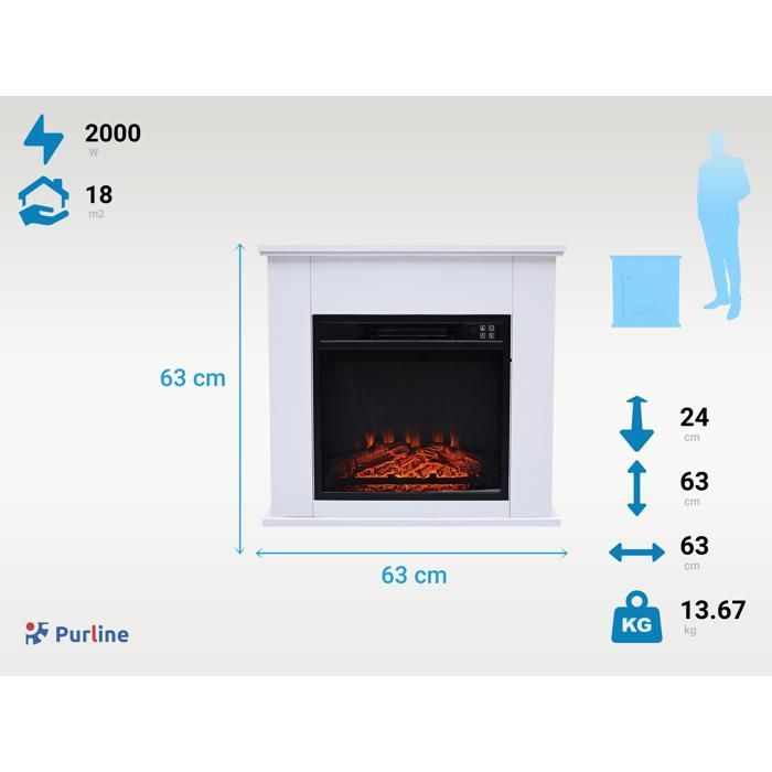 Chimenea eléctrica de pie de 2 kW en acero lacado blanco con mando a distancia.