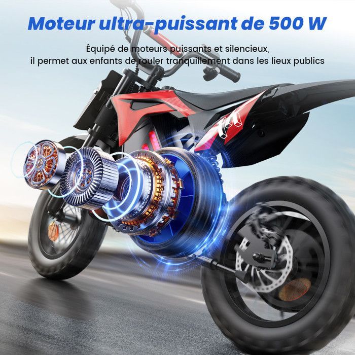Motocicleta elétrica infantil A14 vermelha, 500 W, 3 velocidades (8-27 km/h), pneus todo-terreno de 14 polegadas, autonomia de 22 km, Bluetooth.