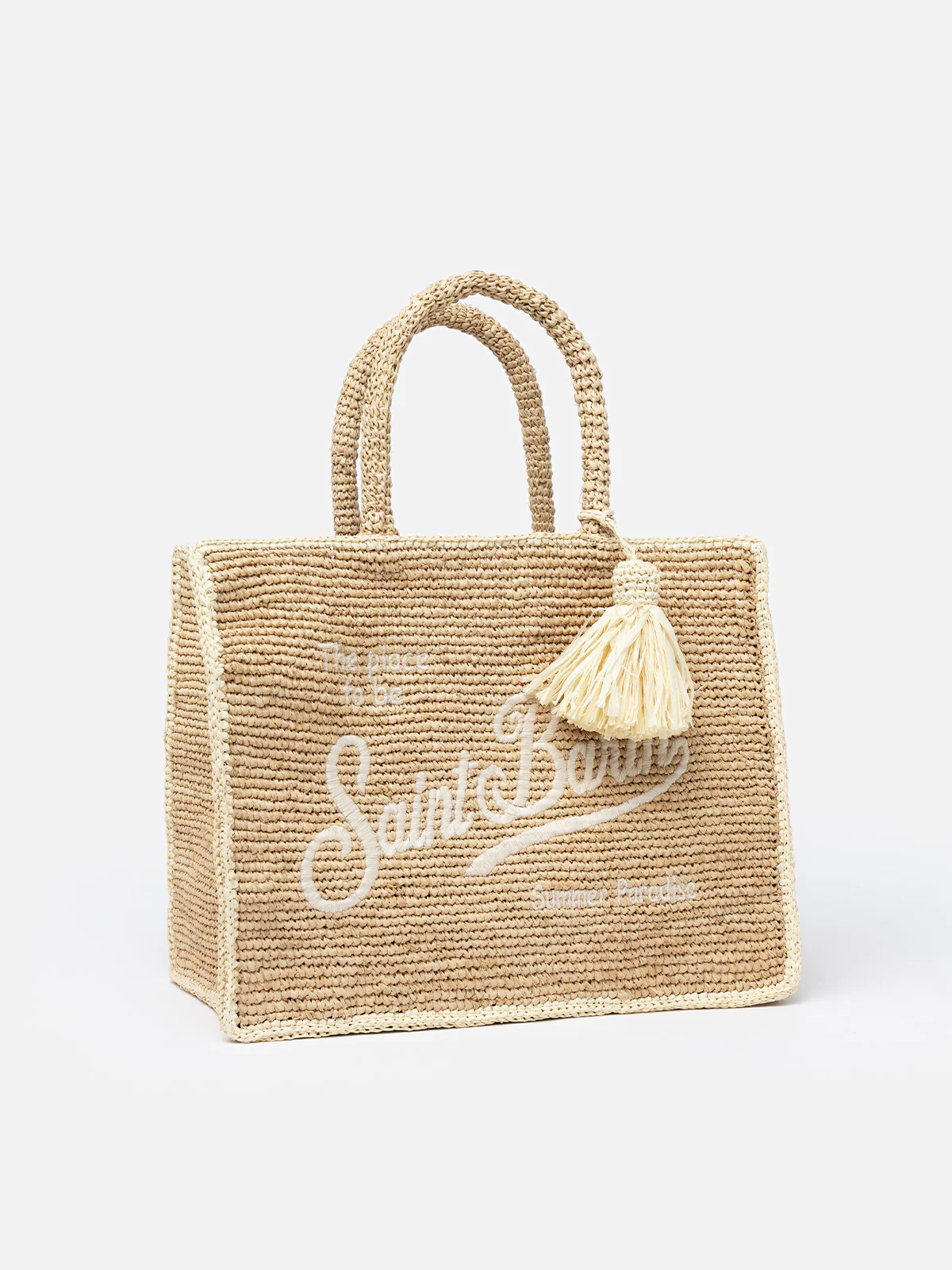 Bolsa Colette em ráfia - Bege natural com bordado do logotipo Saint Barth e bolso com zíper | MC2 Saint Barth