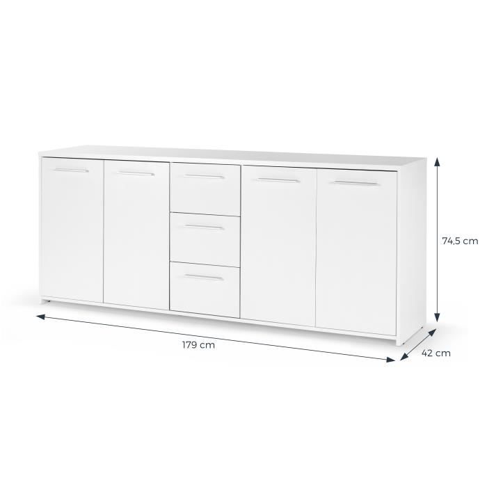 Aparador bajo - Blanco mate - 4 puertas, 3 cajones - Ancho 179 x Profundidad 42 x Alto 74,5 cm