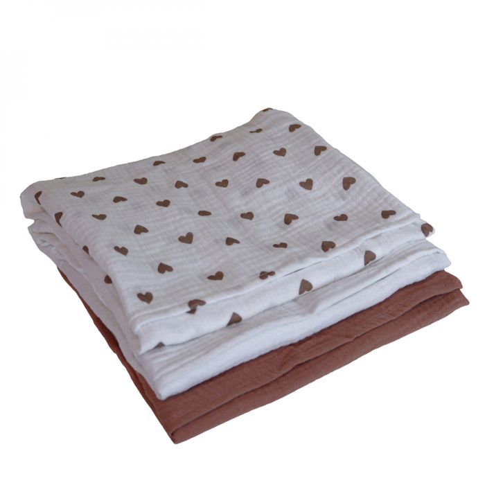 Set of 3 baby muslin squares, absorbent and breathable - 100% cotton muslin - 30 x 30 cm - Heart - Monsieur Bébé