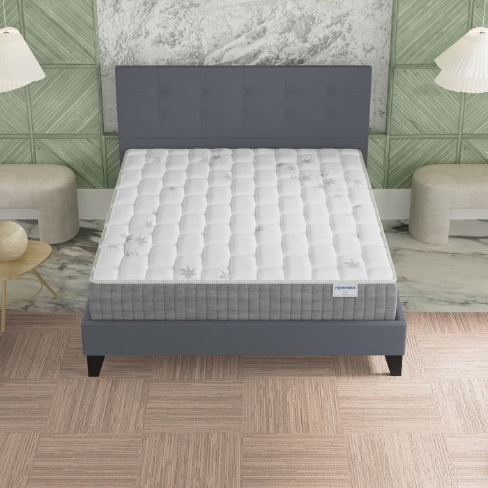 Mattress and bed set (140x190cm) - Galice 25cm Pocket springs & Memory foam + Slatted base & headboard in Grey upholstery