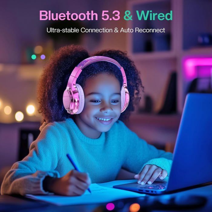 Auriculares inalámbricos infantiles, metálicos, Bluetooth 5.3, micrófono incorporado, plegables, para niñas, niños, adolescentes, iPad, PC, tablet (morado)