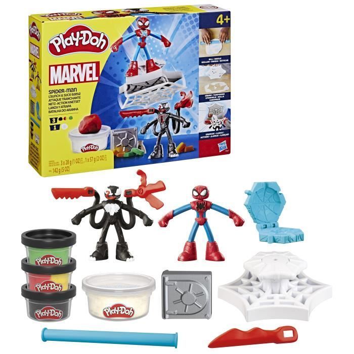 Set Play-Doh Spider-Man, Attacco di Lama con 2 personaggi flessibili, 7 accessori e pasta modellabile, età 4+, Marvel