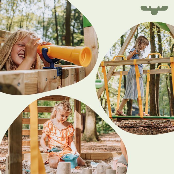 Tour de jeux bois FATMOOSE RiverRun Royal XXL avec SurfSwing, toboggan 220 cm vert pomme et pont suspendu – 10 ans de garantie*