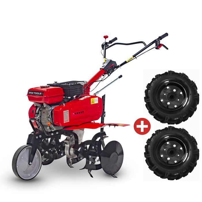 Motocultor de gasolina de 7 CV y 75 cm con transmisión por correa + juego de ruedas MW Tools MFR750