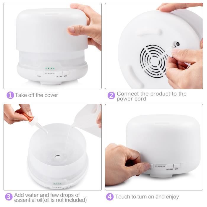 Difusor de aceites esenciales - Humidificador ultrasónico silencioso - 7 LED - Apagado automático - Hogar, oficina - 500 ml