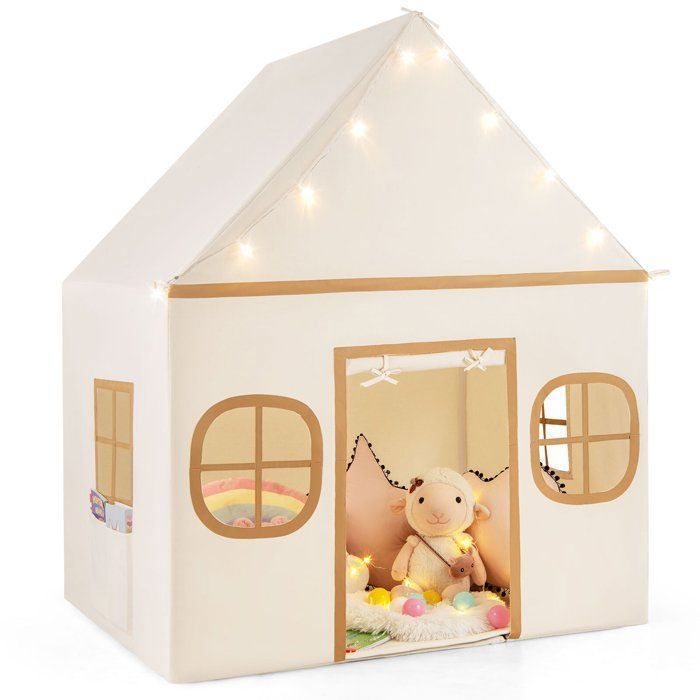 DREAMADE Tente de Jeu pour Enfants, Tente de Jeu en Forme de Maison, Cabane Pliable pour Enfants, avec Lumières Scintillantes, Kaki