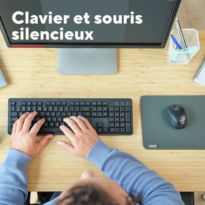 Trust Ymo II Pack Clavier et Souris sans Fil AZERTY Français Silencieux, Touches Plates Flottantes, Résistant aux Éclaboussures
