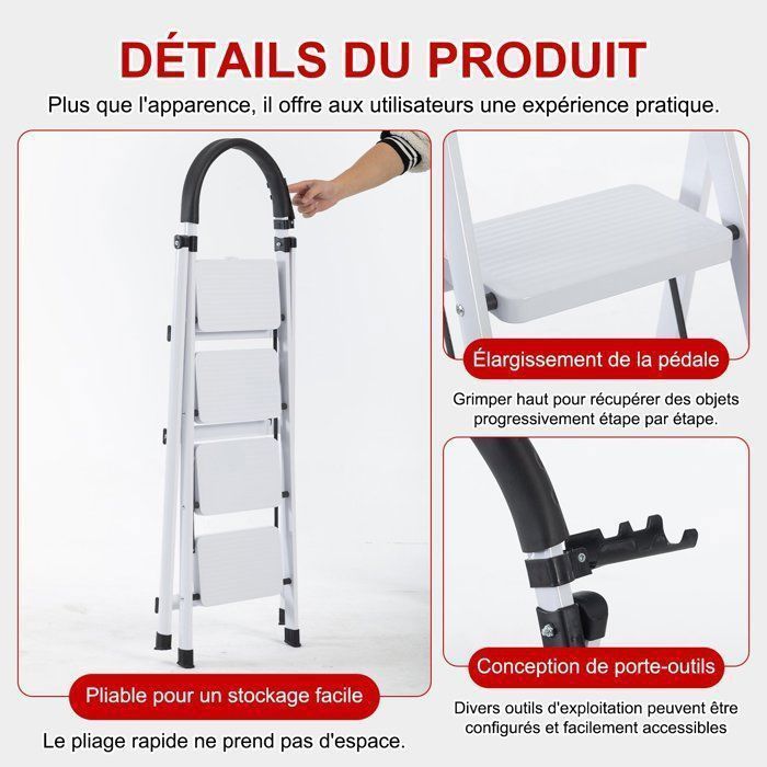 Seven Comfort-Escabeau 4 marches(Seul)-Pliant-Stabilité et sécurité optimales-chargé 150KG-En Acier-Blanc