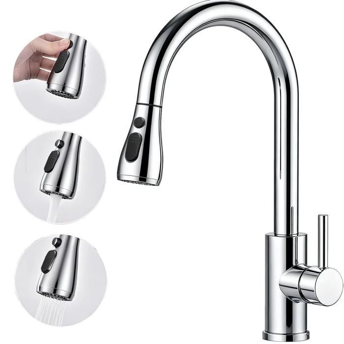 Robinet Cuisine Douchette Mitigeur Cuisine Pivotant à 360° d'Évier à Arc Élevé Pulvérisateur Escamotable 2 Modes, Acier Inoxydable