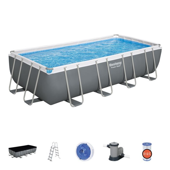 Piscina fuori terra tubolare in acciaio Bestway Power 549x274x122 cm con filtro a cartuccia da 5.678 l/h, copertura e scaletta.