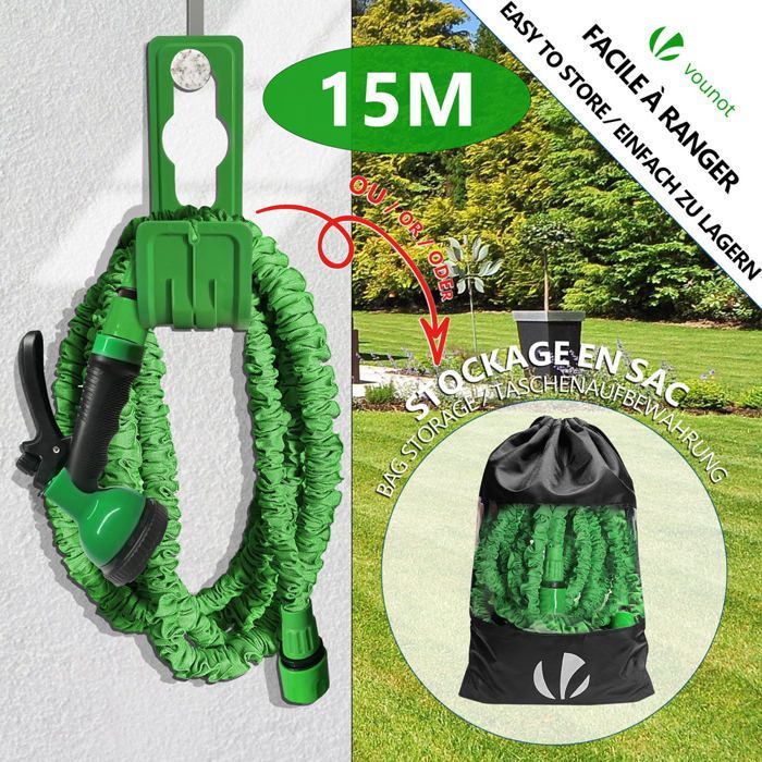 VOUNOT® Tubo da giardino espandibile verde da 15 m - 10 modalità di spruzzo - Connettore e borsa per il trasporto inclusi - Flessibile,