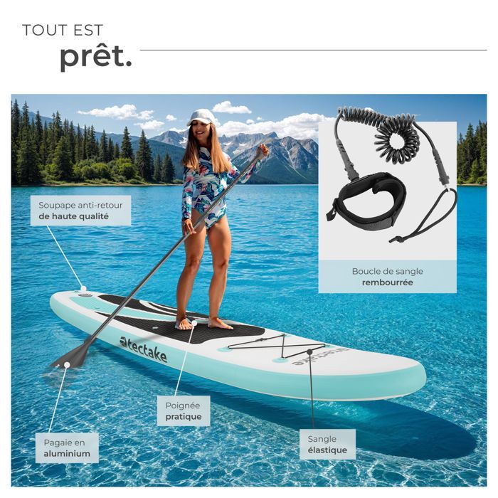 Stand-up paddleboard - TECTAKE - 2-in-1 inflatable board, complete kit, non-slip - 288 x 77 x 22.5 cm - White/Turquoise