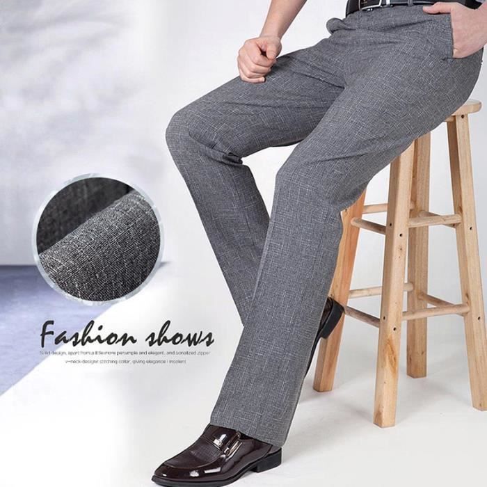 Pantalones de lino para hombre, corte recto, transpirables, color liso, estilo casual, ligeros, cintura alta - Gris