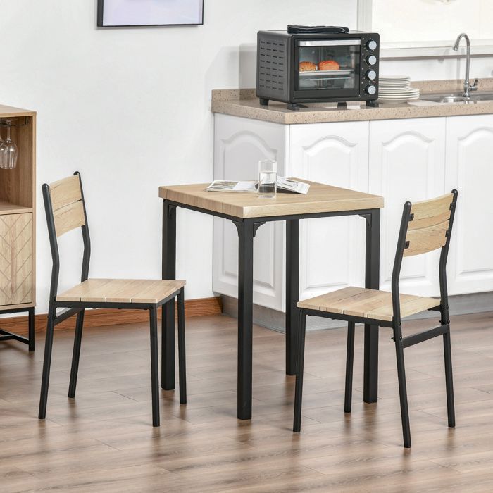 Conjunto de jantar de 3 peças, mesa de cozinha com cadeiras, entalhes em madeira natural + acabamento preto, com 1 mesa + 2 cadeiras