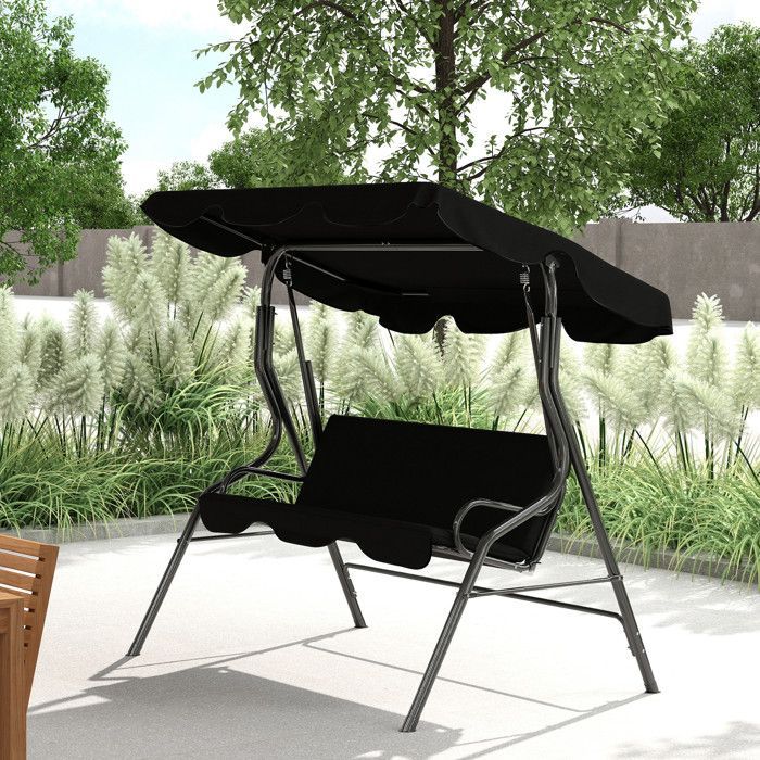 Columpio de jardín Outsunny - 3 plazas - toldo inclinable ajustable - cojines para asiento y respaldo - acero y poliéster - negro