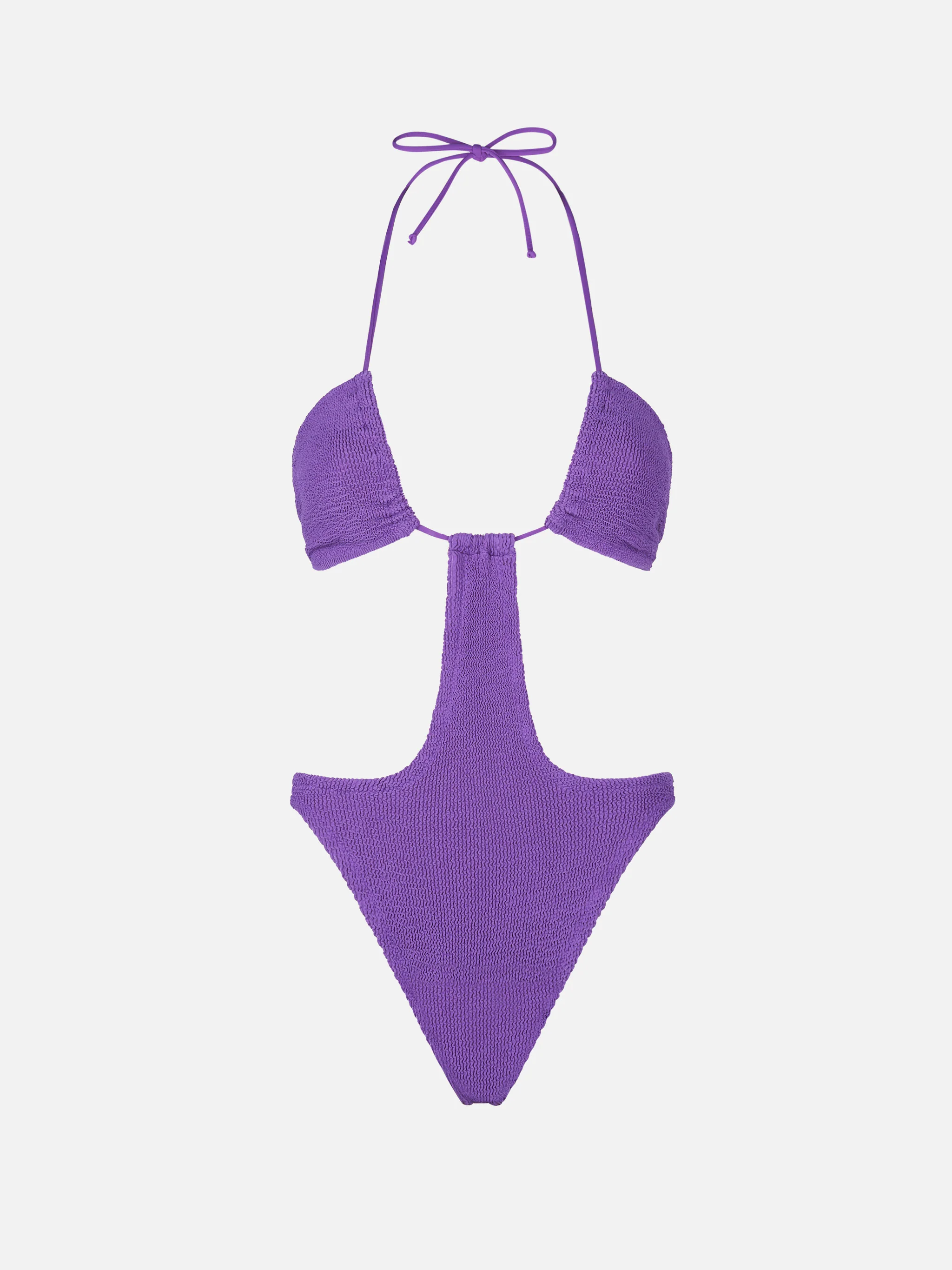 Paarse Trikini badpak met kreukels