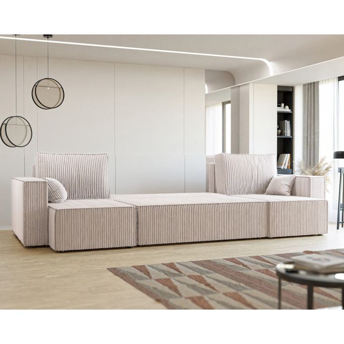 PARIS U Panoramische hoekbank - 7 zitplaatsen - Convertibele bank met opbergruimte - Corduroy stof - Crème