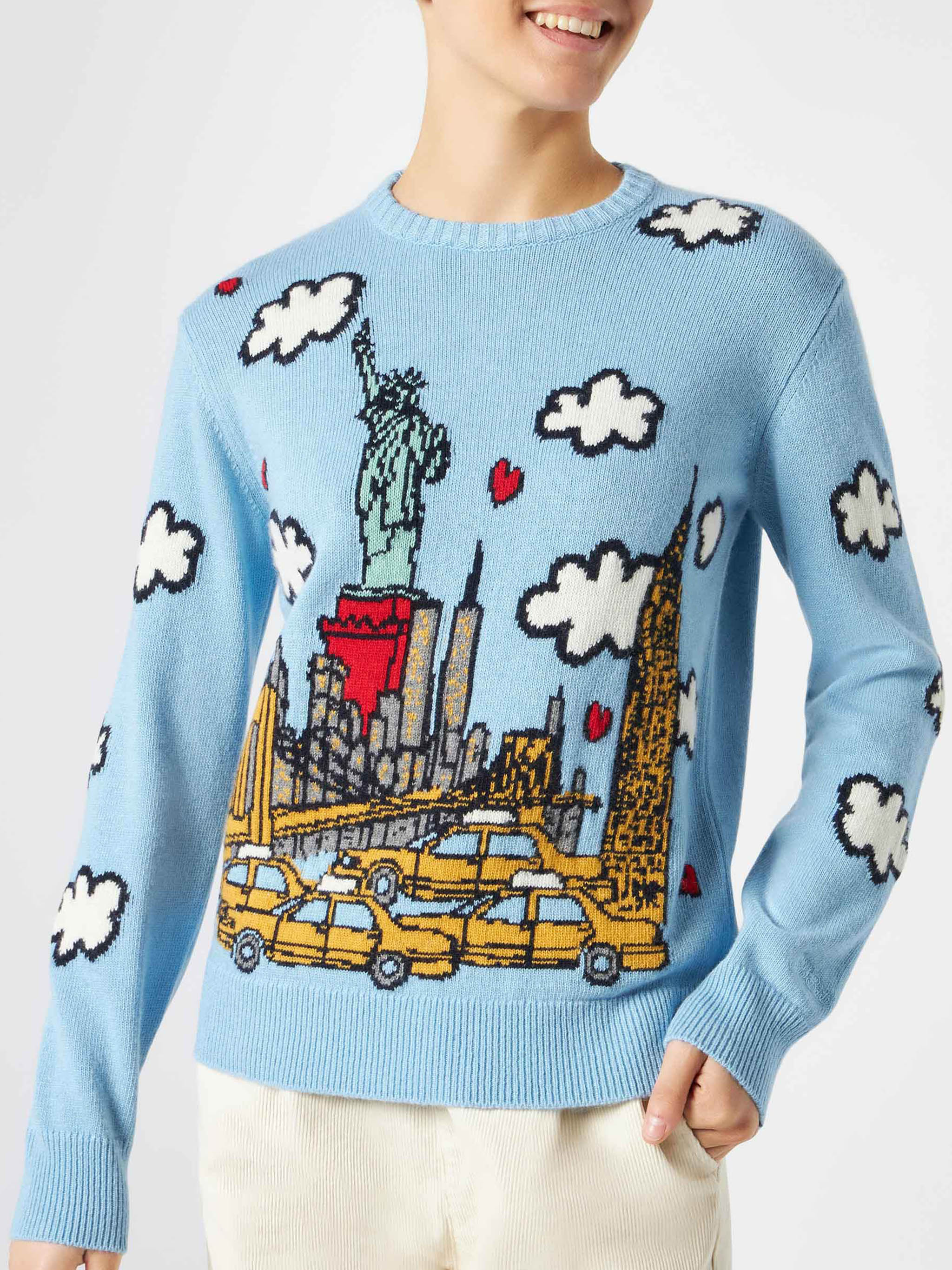 Women’s Light Blue Sweater | “I Love New York” Postcard Embroidery | St. Barth Logo on Sleeve | Blended Cashmere | Regular Fit | MC2 Saint Barth