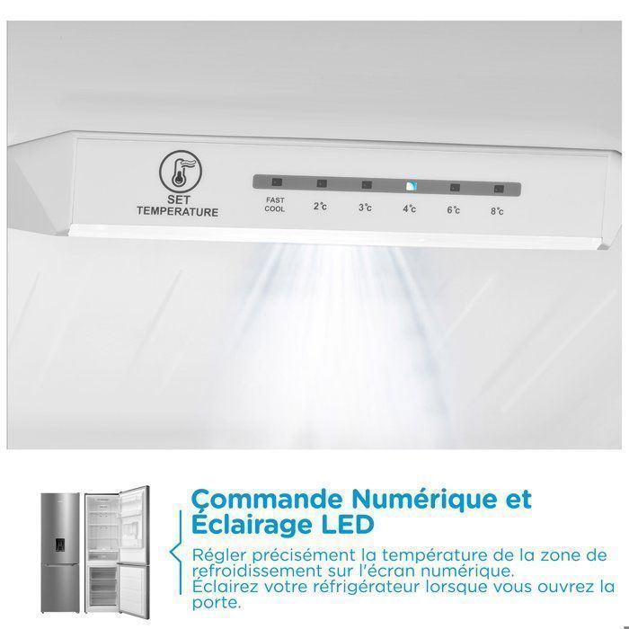 Frigorífico COMFEE con congelador inferior - 308 L (222 L + 86 L) - Clase energética D - Sistema No Frost - 63 cm de ancho x 188 cm de alto - Dispensador de agua - Acero inoxidable
