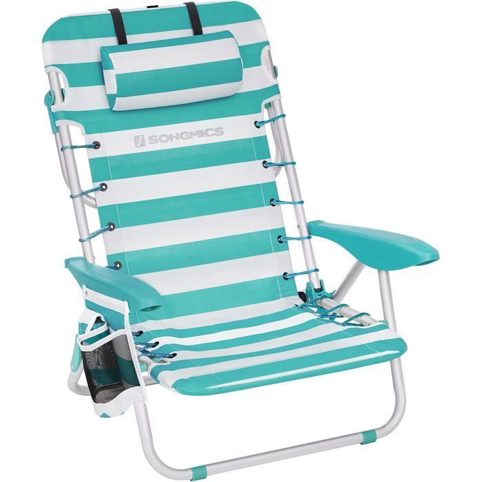 Silla de playa portátil, reposacabezas, respaldo ajustable, portavasos, bolsillo, capacidad de carga de 150 kg, rayas verdes y blancas GCB62JW