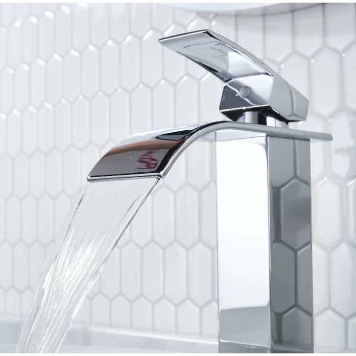 FORIOUS Robinet Lavabo Haut, Mitigeur Salle de Bain en Acier Inoxydable, Hauteur du Bec de 220mm , Colonne carrée, Chromé