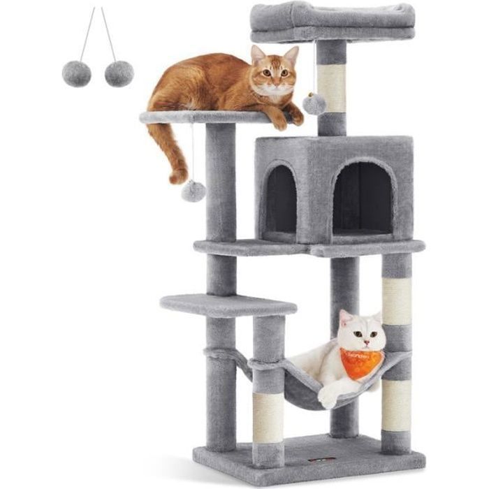 Cat Tree - FEANDREA - Height 112 cm - 4 Scratching Posts - 2 Platforms - 1 Cat Cave - 1 Hammock - Light Grey