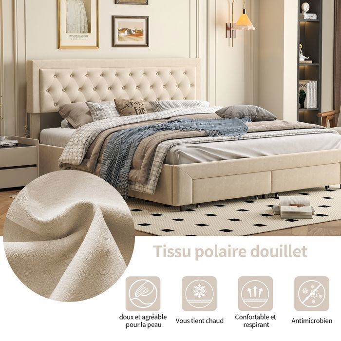 KILISKY Opbergbed 180x200 cm - Beige - Gestoffeerd hoofdbord - 2 lades - Massief hout