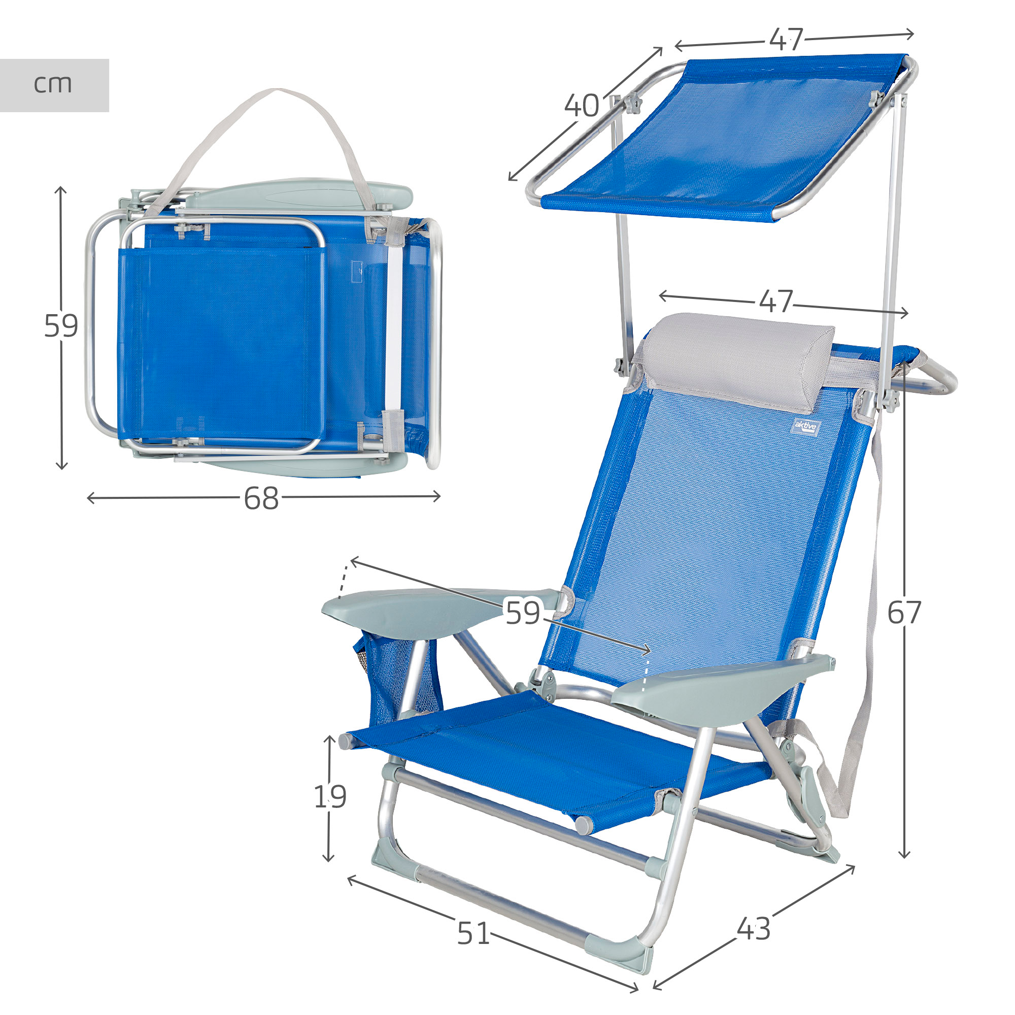 Aktive Beach Chair with Sunshade, Cushion and Pocket