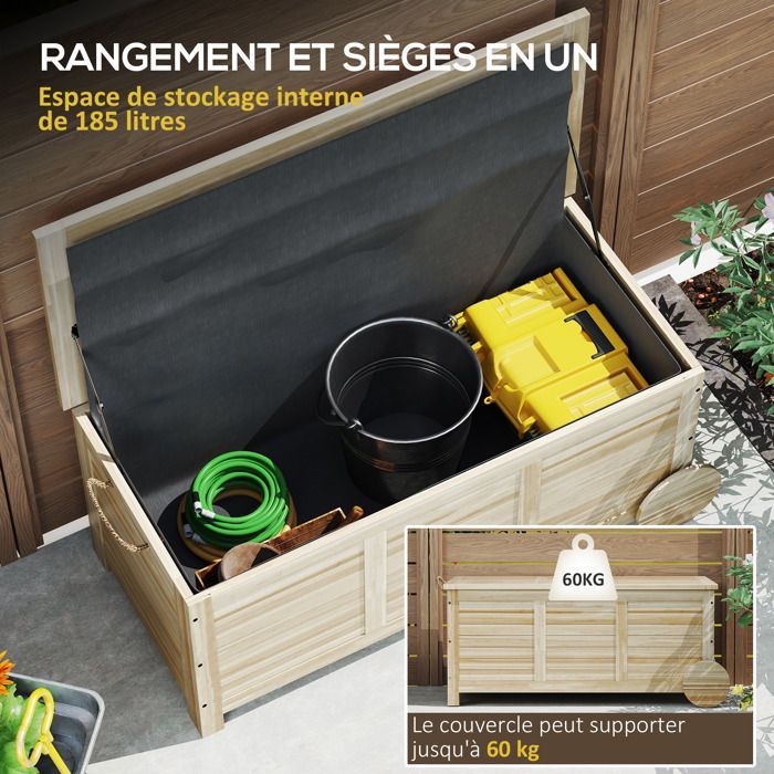 Caja de almacenamiento exterior Outsunny - 185 L - con ruedas y revestimiento interior - de madera - 110 x 50 x 50 cm - madera natural