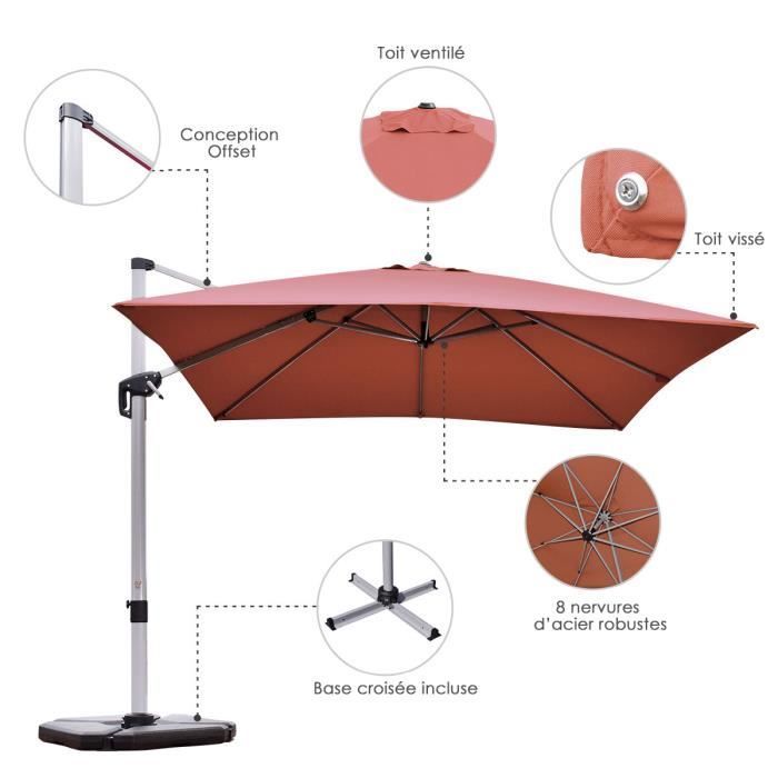 COSTWAY Parasol Déporté Carré 3M avec Base en Croix Poteau en Aluminium Rotatif à 360° Manivelle Inclinable 8 Baleines Orange