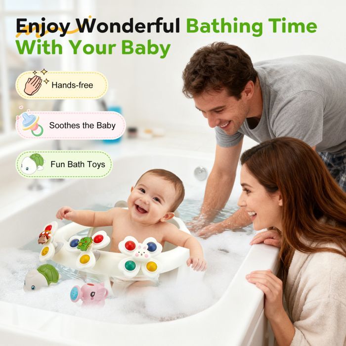 Asiento de baño para bebés 2 en 1 con juguetes, apto a partir de 6 meses, accesorio ergonómico para bañera con 4 ventosas antideslizantes.
