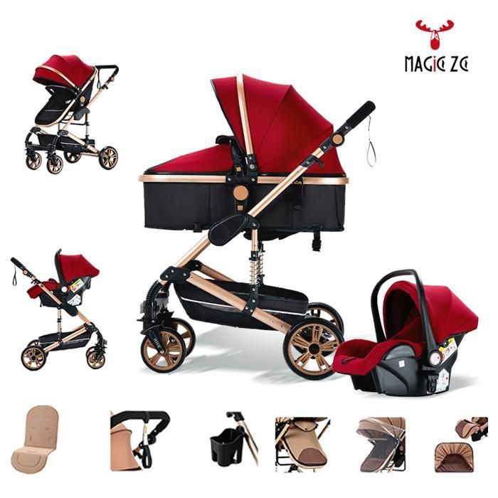MagicZC 3-in-1 Stroller, Foldable, with Carrycot, for Newborns, 5-Point Safety Harness, Baby Carrier, Red