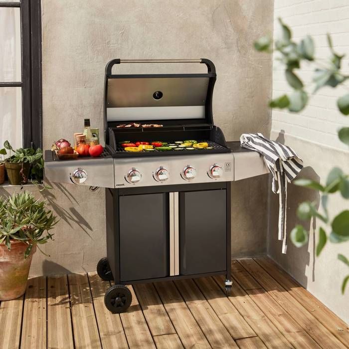 Gas barbecue - Bazin Grey anthracite - Outdoor kitchen with 5 burners including 1 side burner with shelves and thermometer.